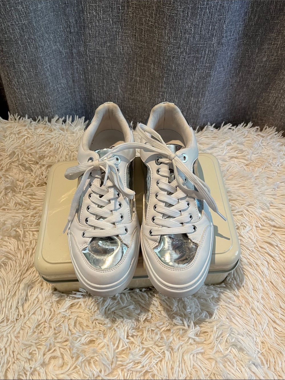 Guess Women’s White Sneakers with Silver Accent